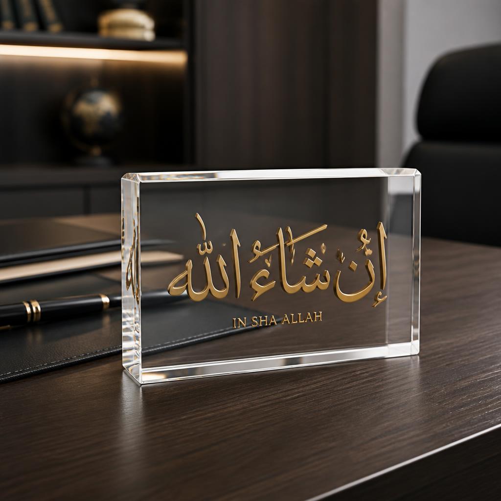 Front view of a crystal-clear acrylic desk plaque with gold Arabic calligraphy