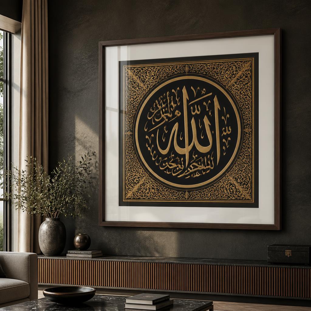 Straight-on view of framed gold and black calligraphy art in a matte black frame with off-white matting