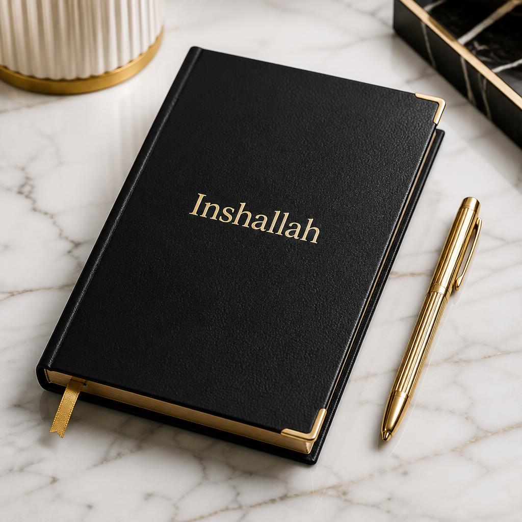 Flat lay of the closed journal with embossed gold foil lettering on textured obsidian faux leather